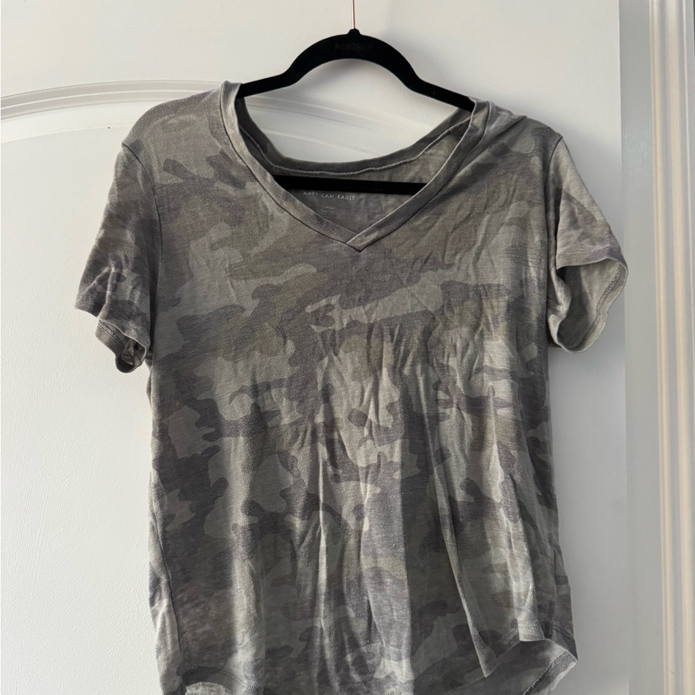 American Eagle Outfitters Gray Camo V-Neck Tee